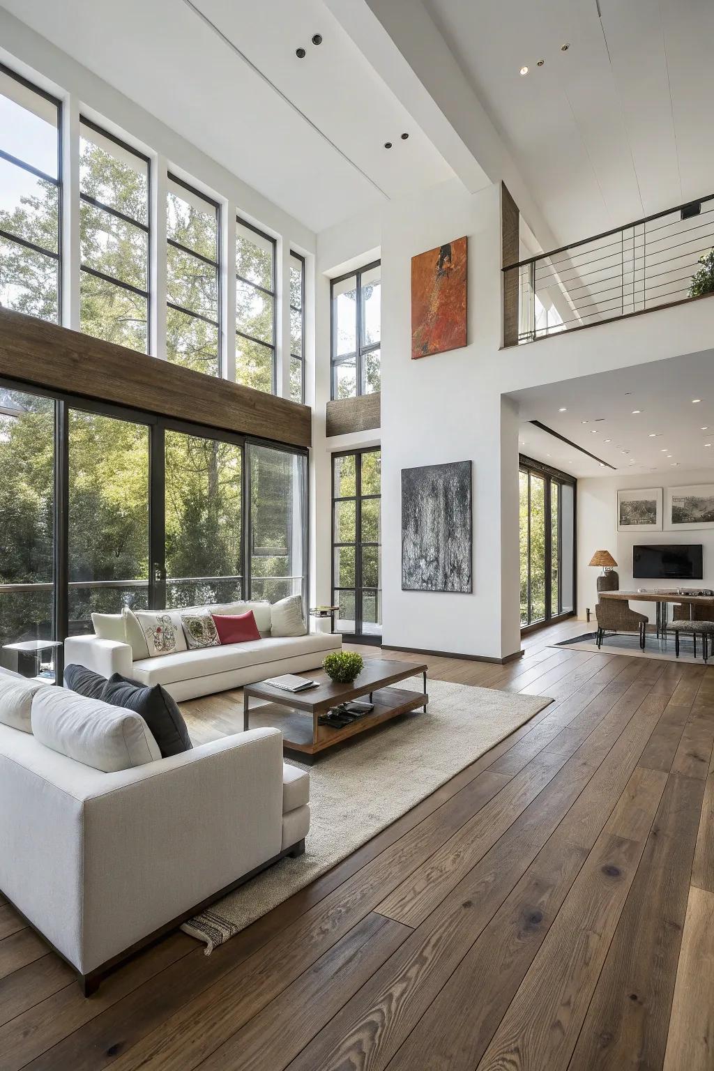 Contemporary space featuring broad board timber flooring.
