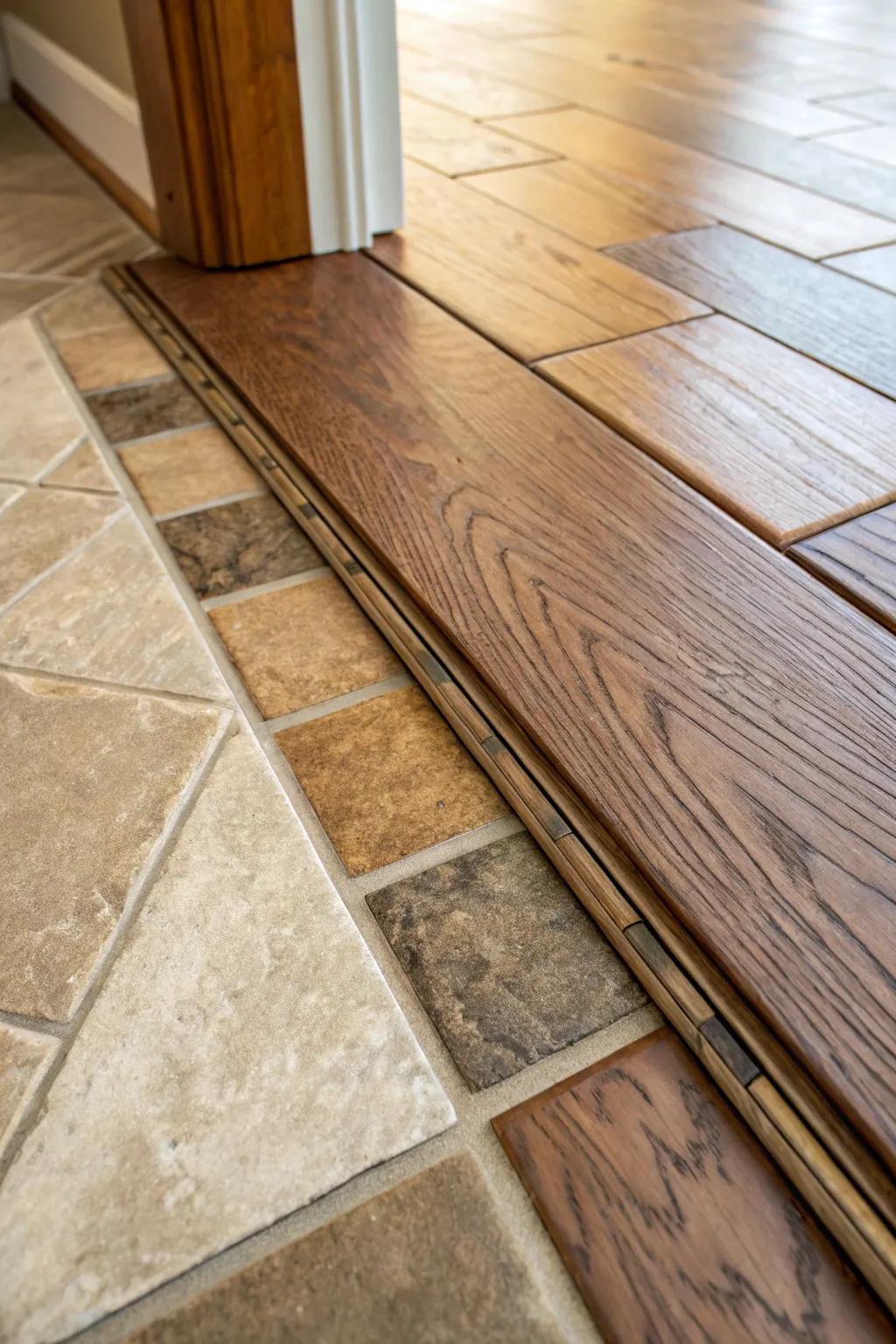 A close-up view of a threshold band shift between tile and wooden floors.