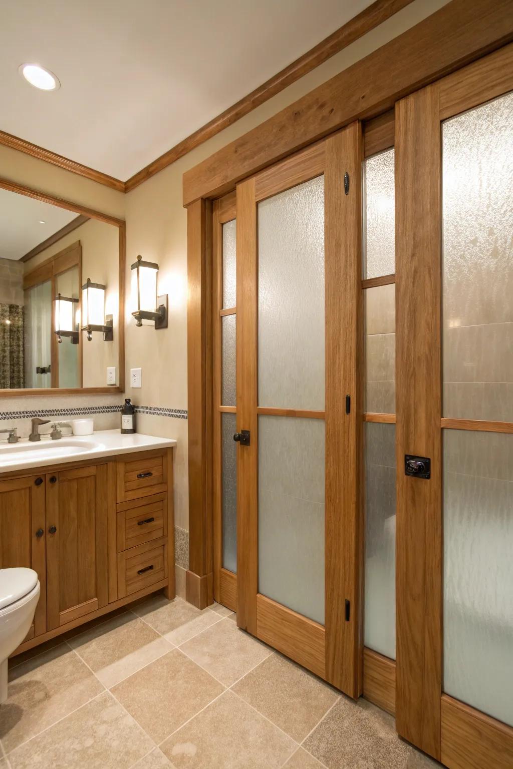 Obscured glass and wood create a balanced blend of privacy and style.