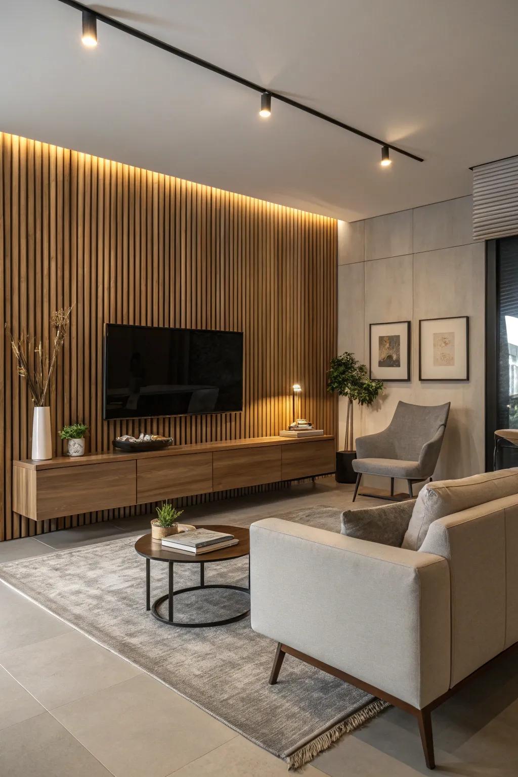 Enhance your leisure area through a timber strip television backdrop.
