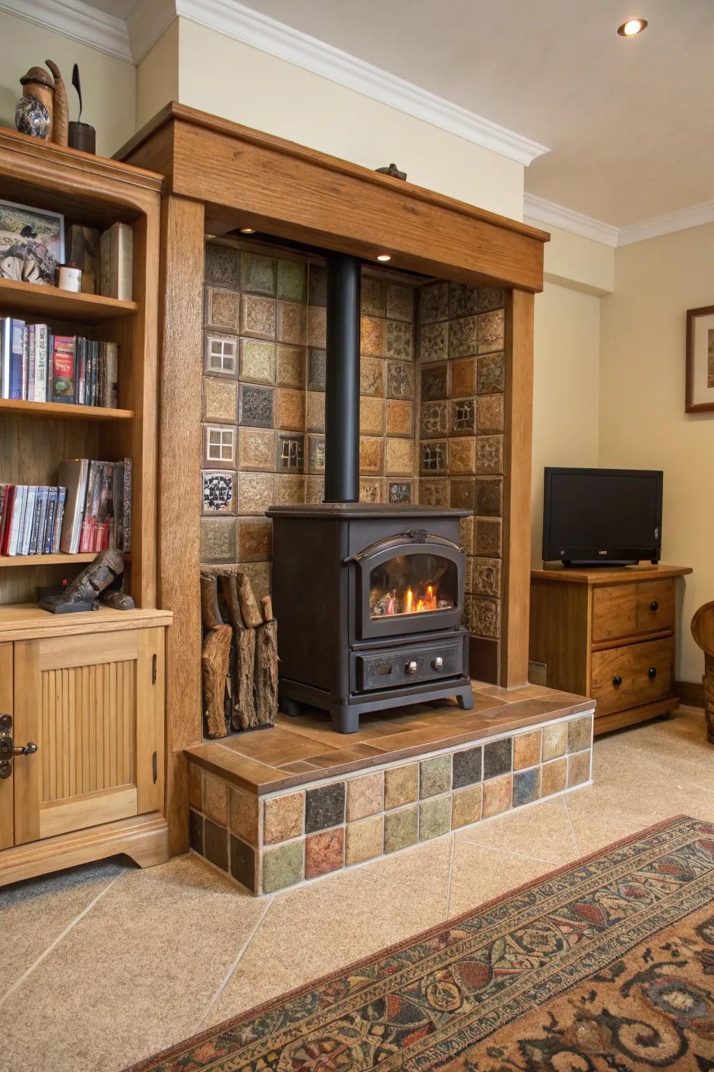 Tile surrounds with built-in storage bring practicality and charm to your wood stove area.