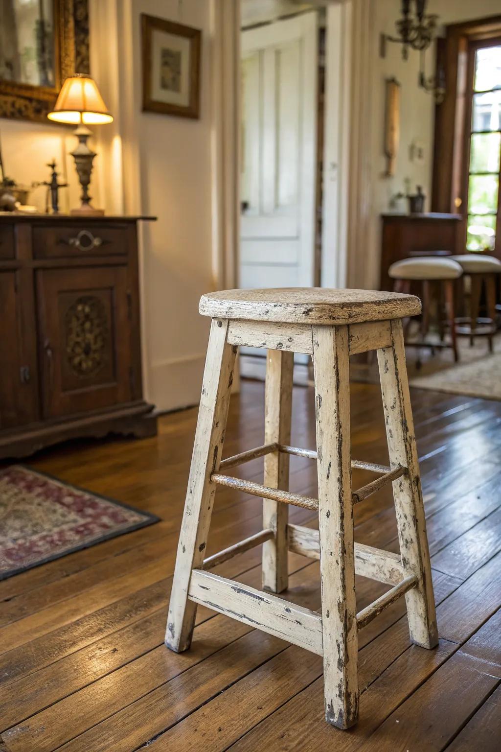 Vintage elegance shines through this distressed wooden stool.