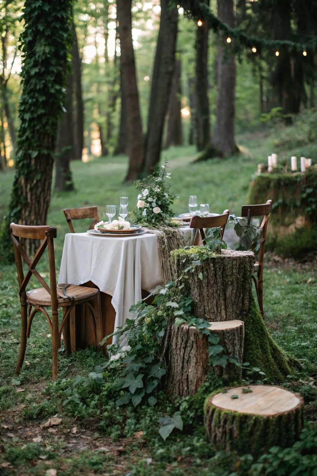 Foliage and tree pieces create an inviting woodland tablescape.