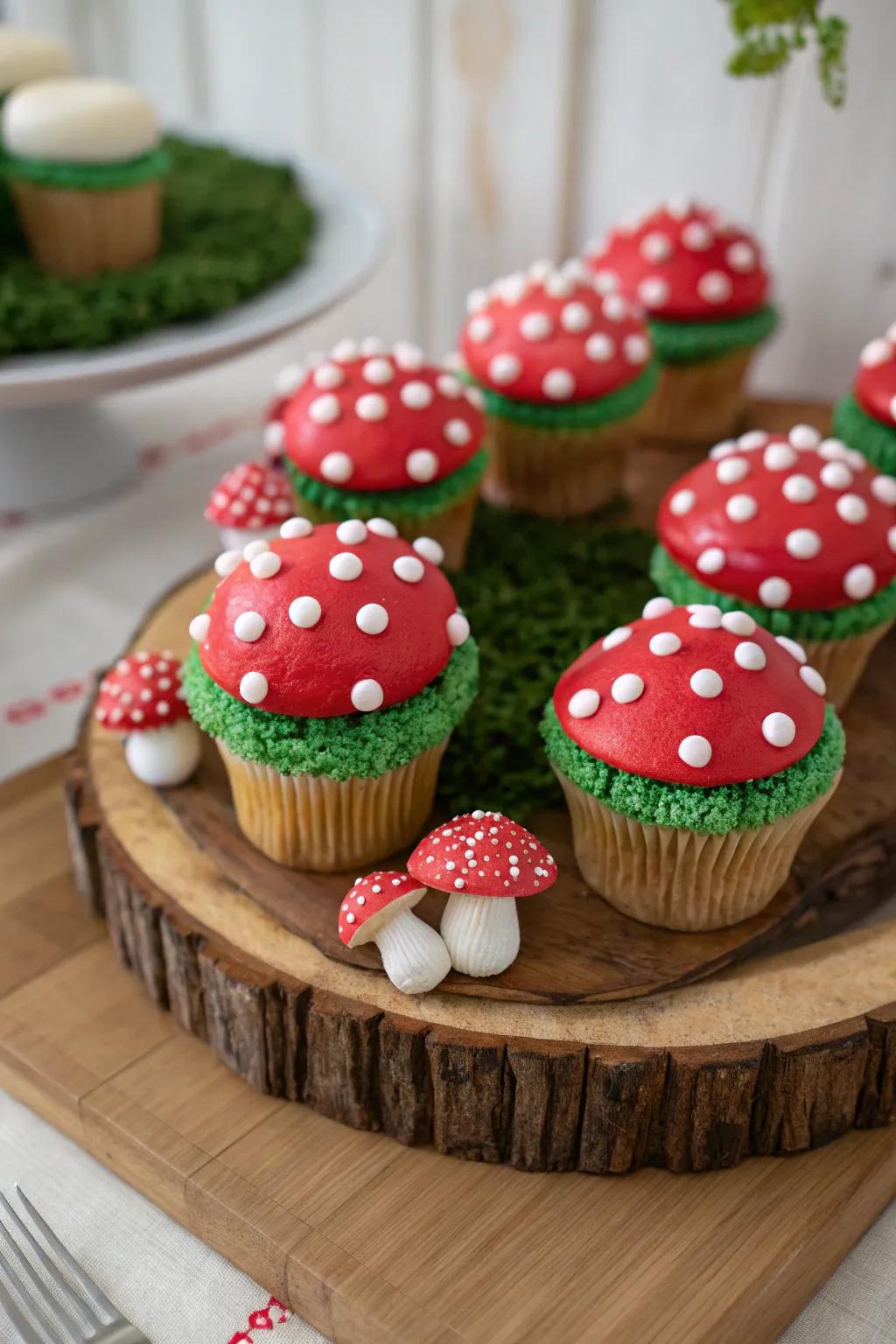 Delight your guests with whimsical fungus mini cakes.