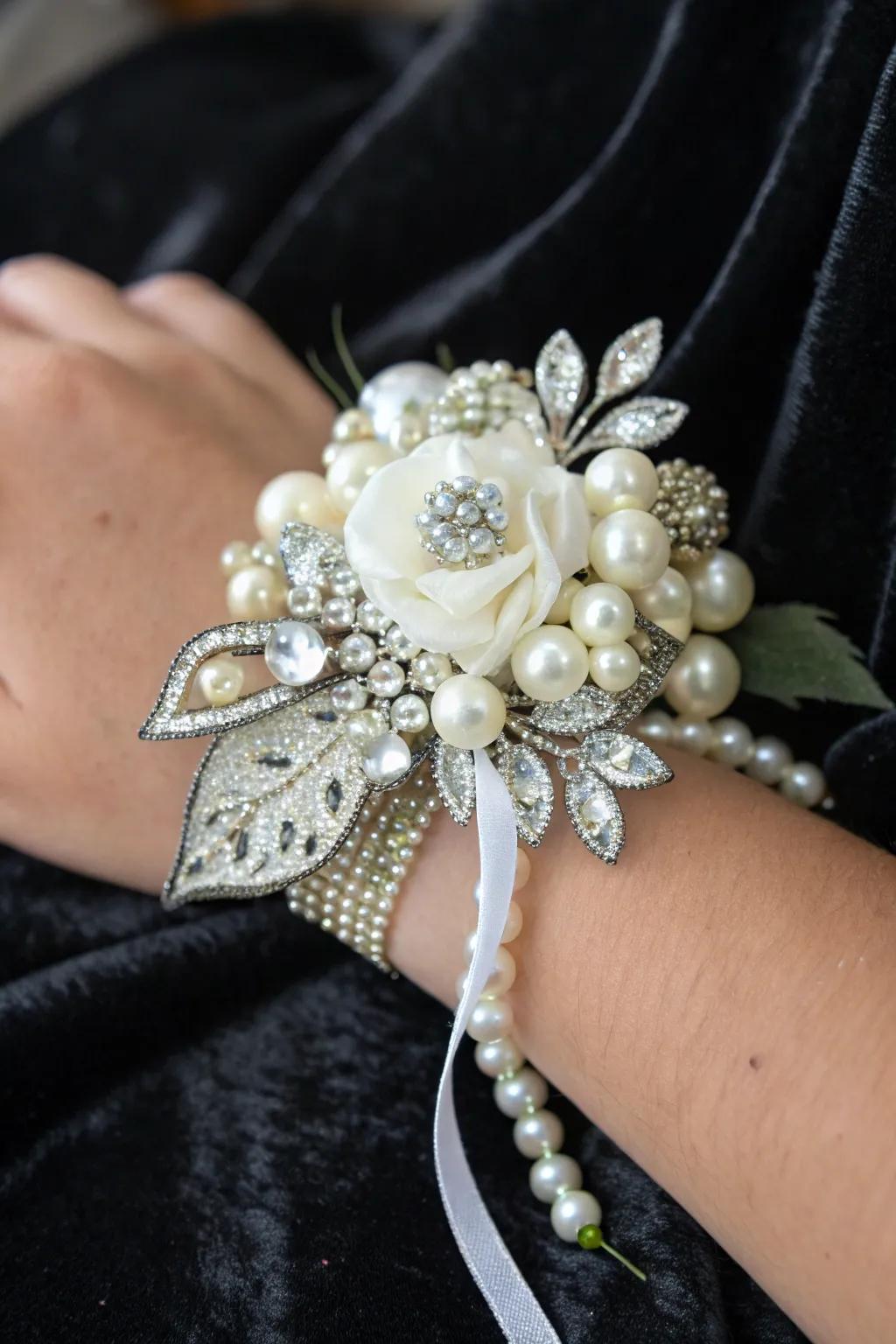 Glamorous wrist adornment featuring beads and jewels.