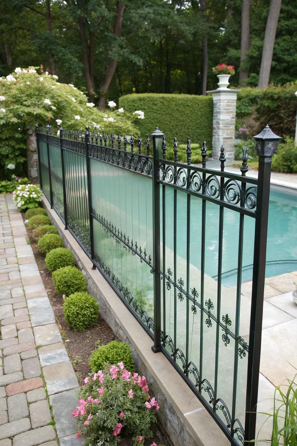Frosted glass segments within a fashioned iron barricade present privacy with elegance.