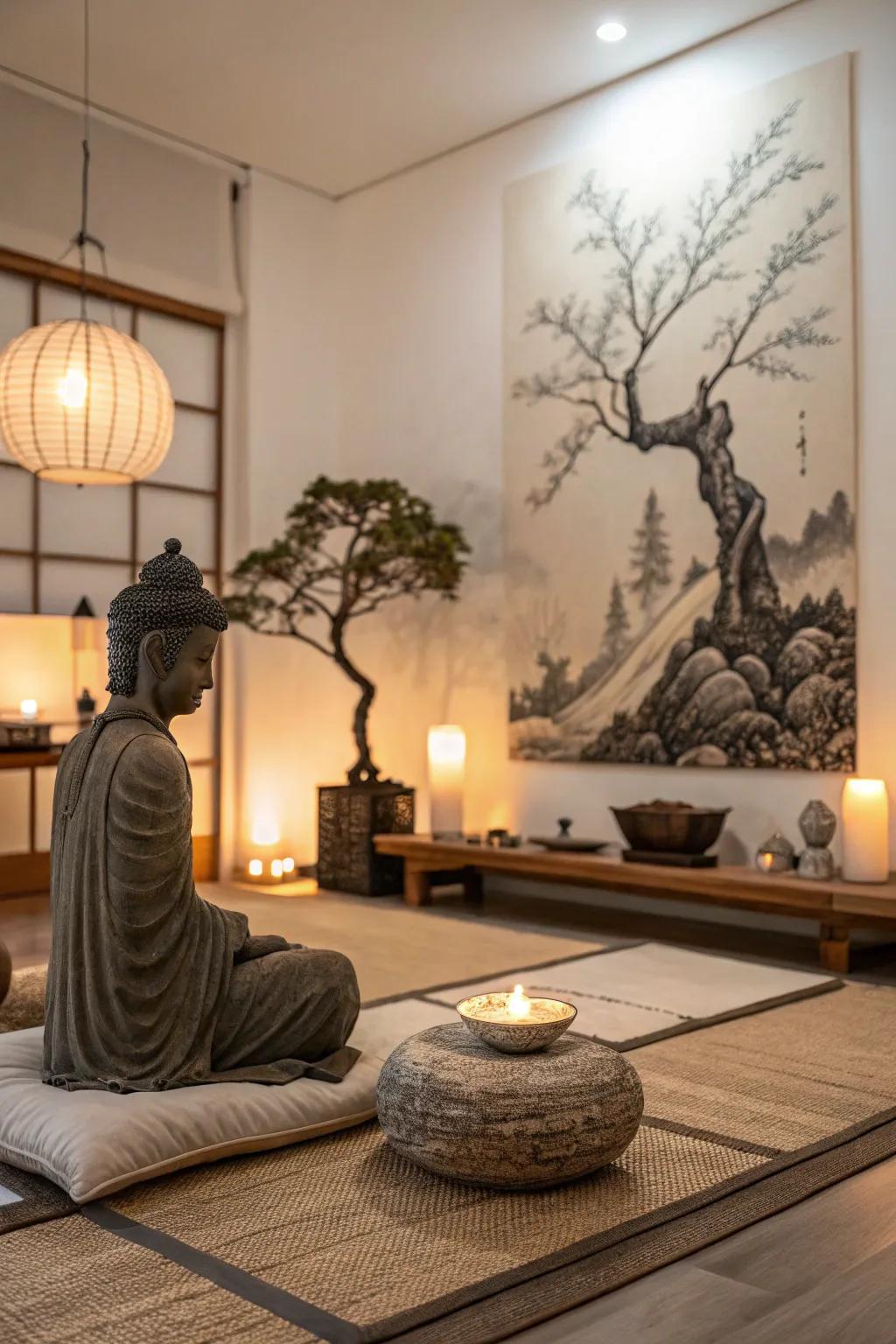 Art inspired by nature establishes a contemplative focal point.