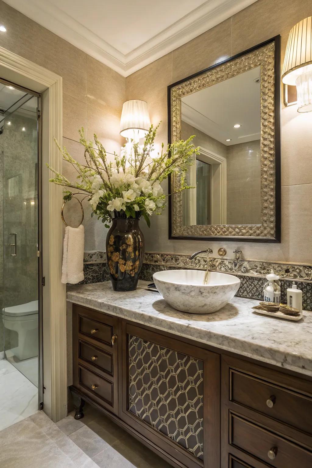 A vintage carafe acts as a showpiece in this powder room.