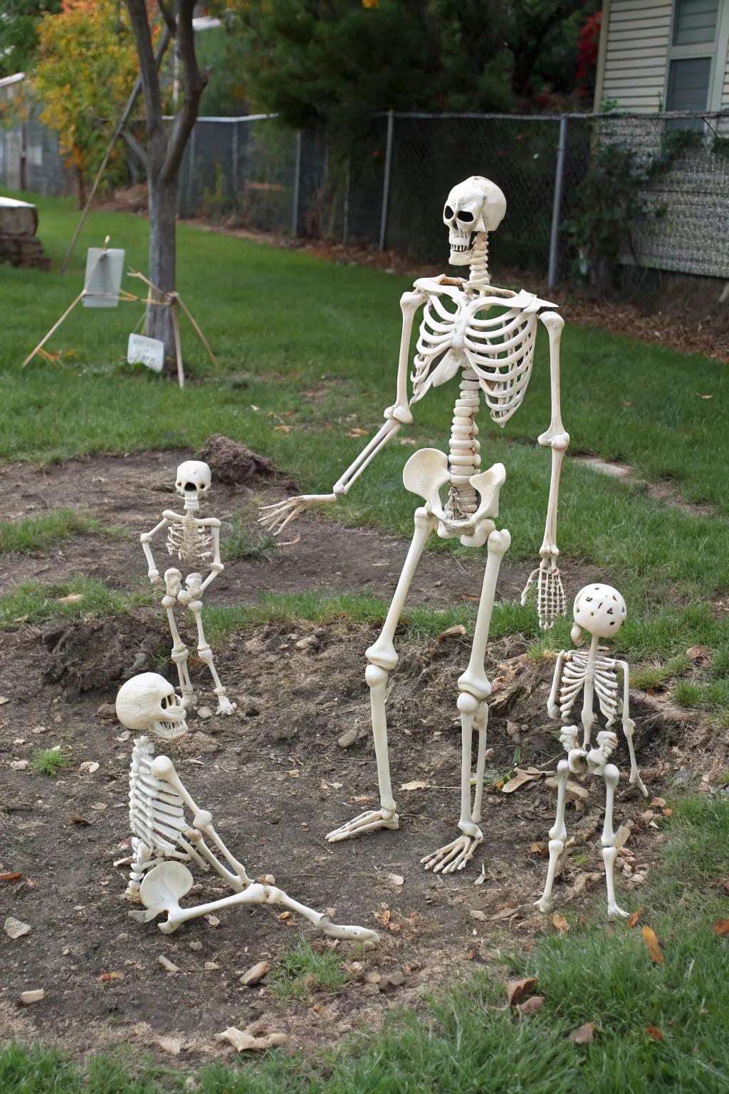 A skeleton family comes together for Halloween enjoyment.