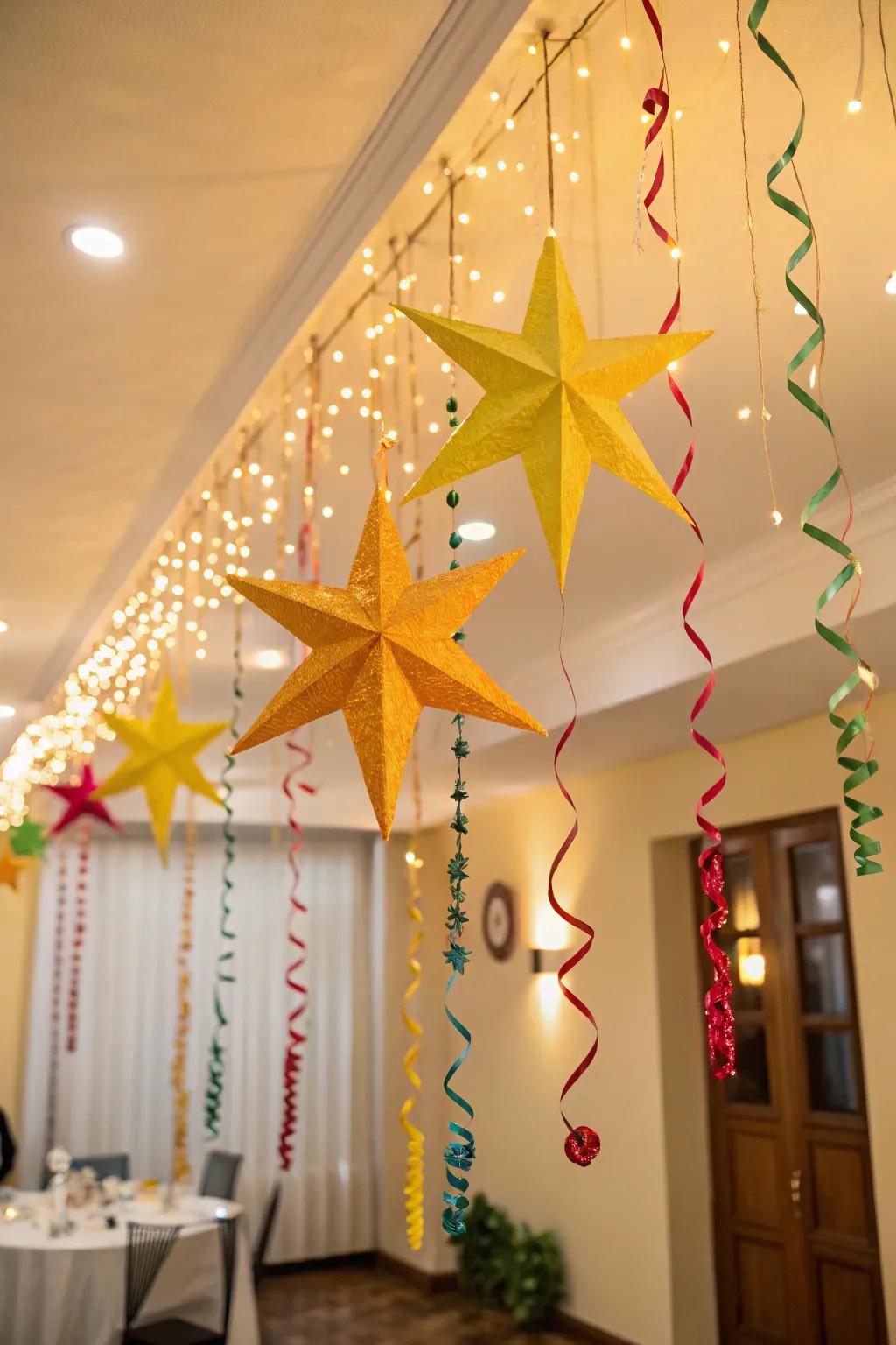 Stars and streamers create a magical festive atmosphere.