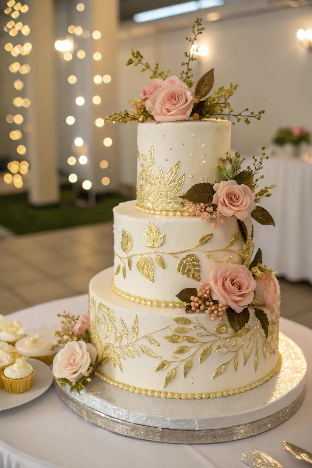 A stunning anniversary cake adorned with intricate gold details and fresh flowers.