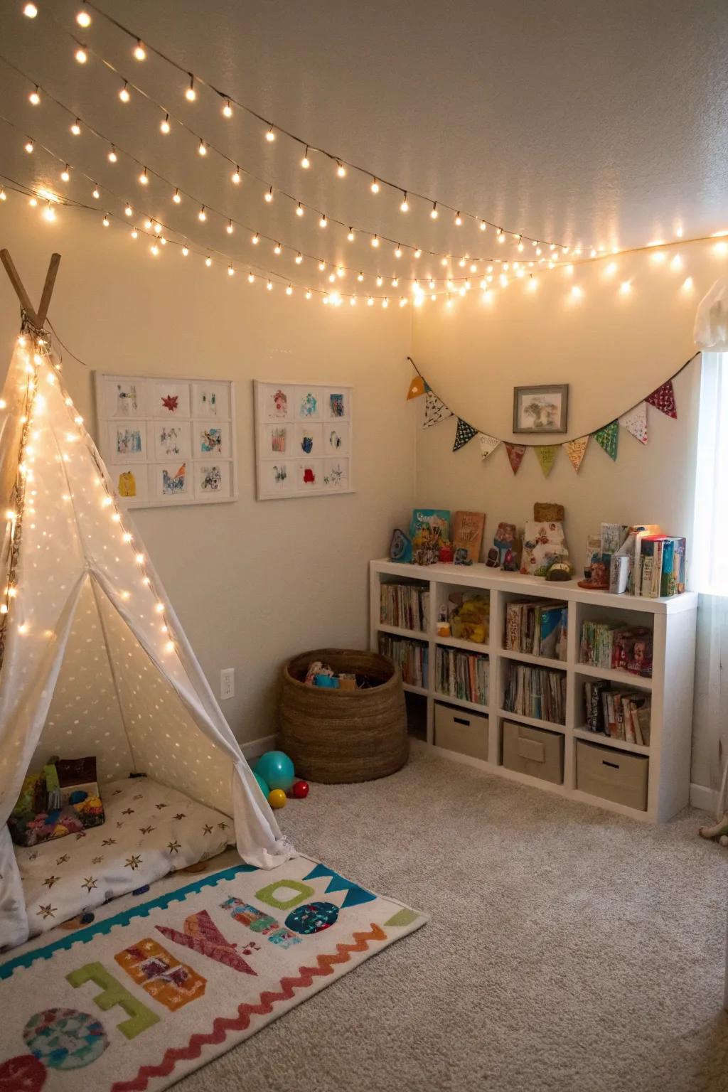 A dreamy bedroom illuminated by twinkling string lights.
