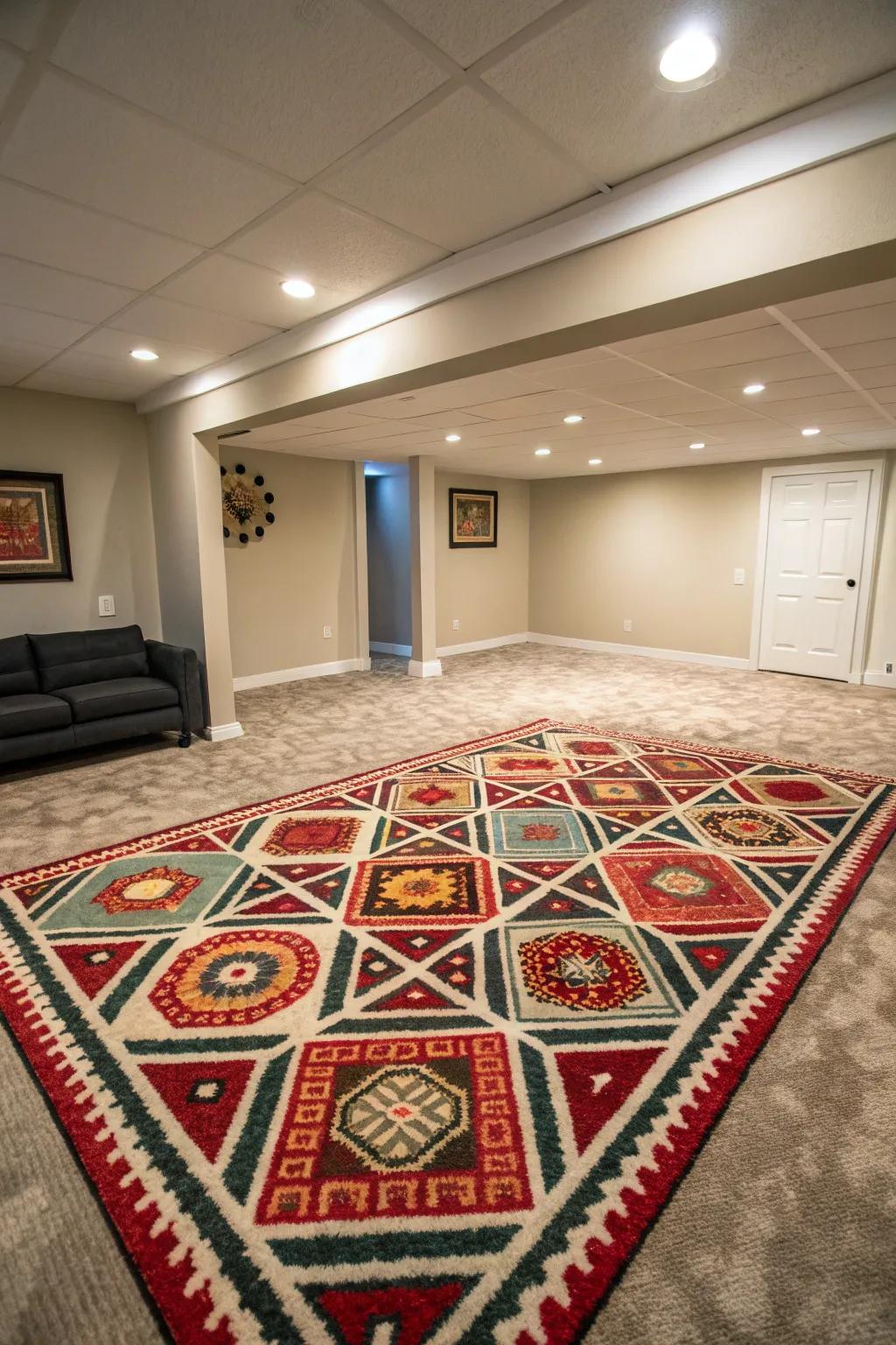 Patterned floor mats function as a vibrant centerpiece.