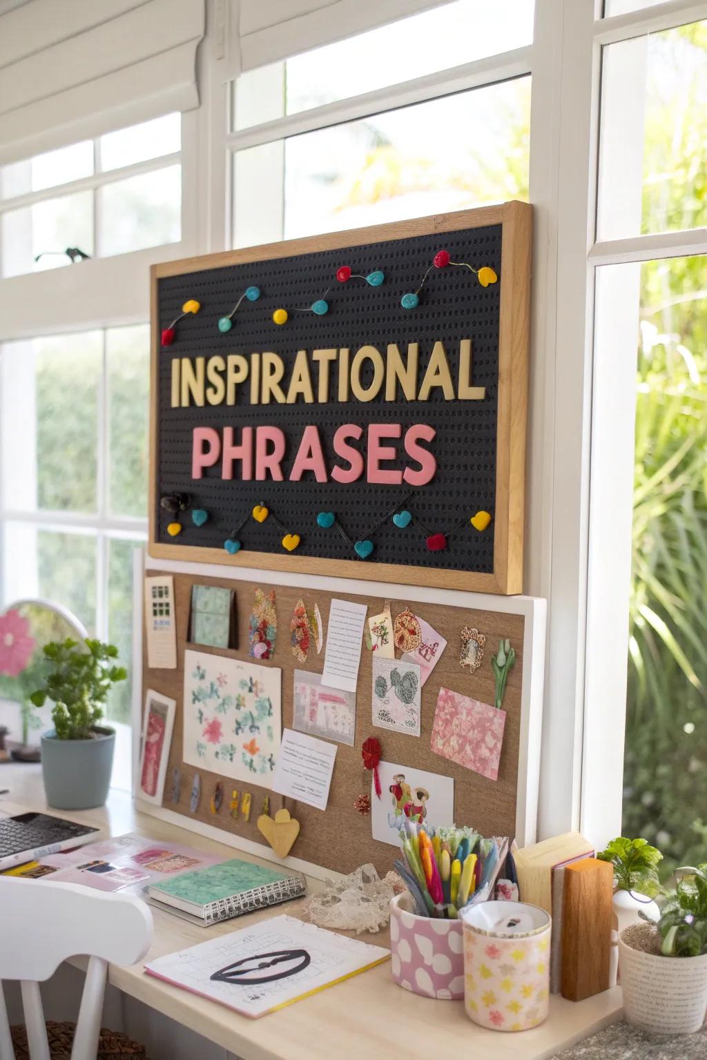 Uplifting affirmations on a bulletin board in bold, colorful lettering.