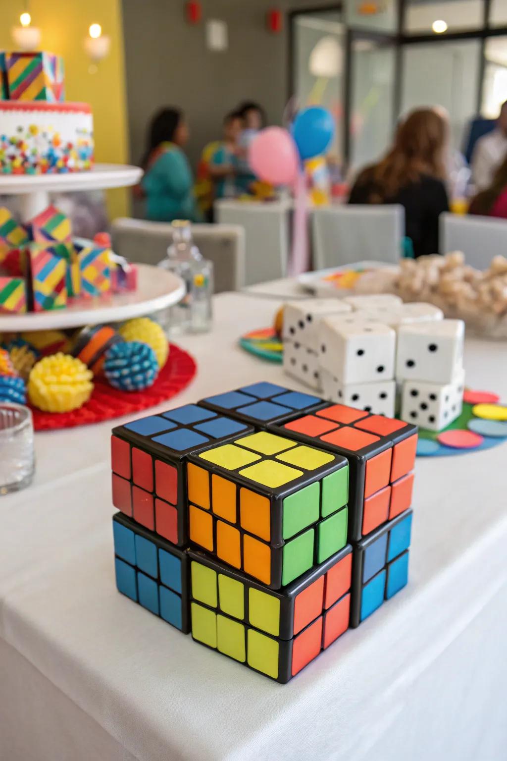 Puzzle Cubes contribute a whimsical and vibrant element to your 80s celebration.