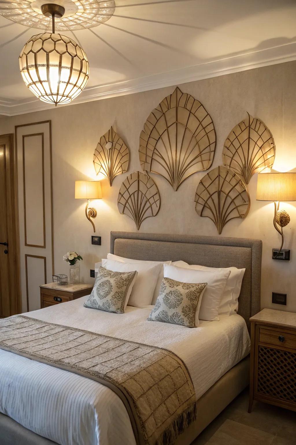 Artistic wall lights provide creative lighting above the bed.