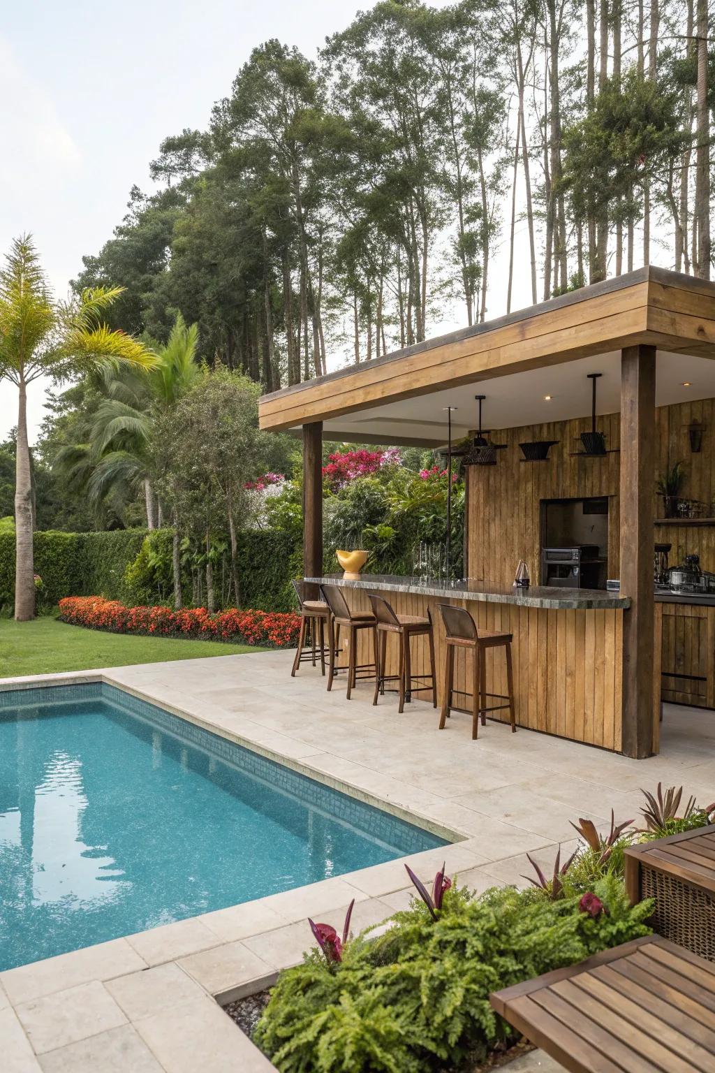 Raw wood infuses warmth and appeal to your poolside bar.