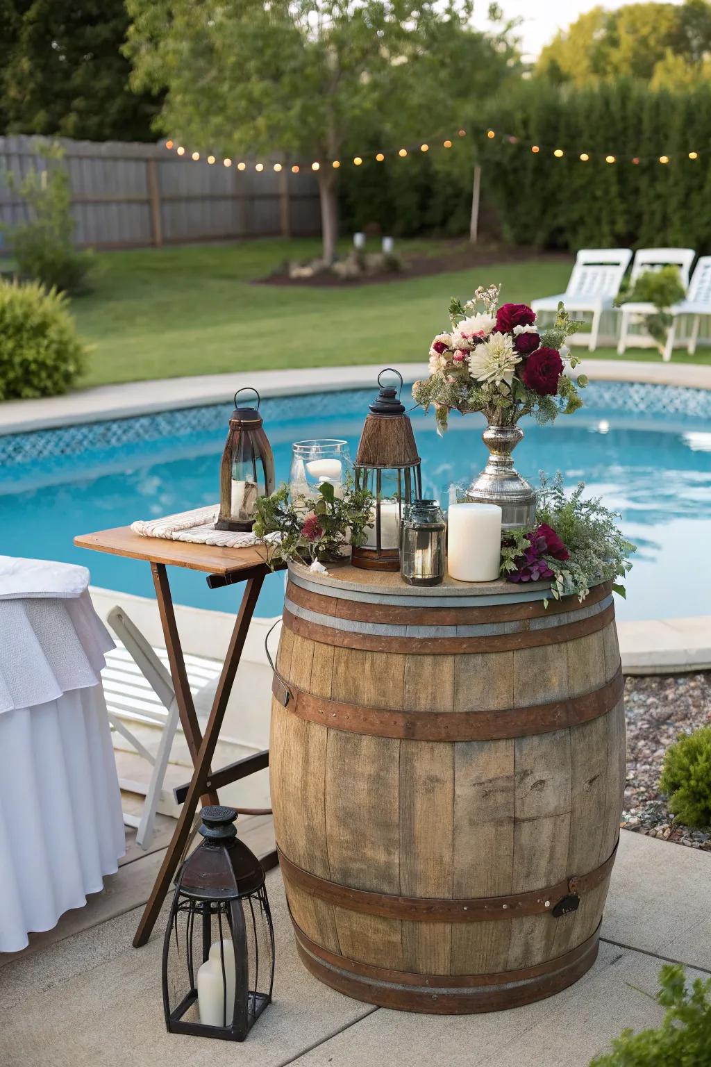A DIY wine barrel table provides both functionality and rustic charm.