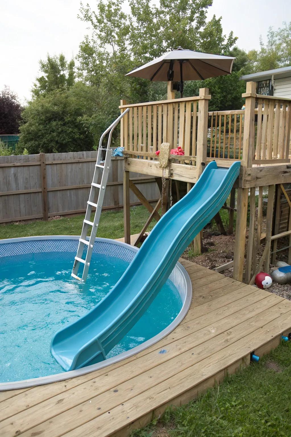 Upcycled play structure slides introduce a personal touch.