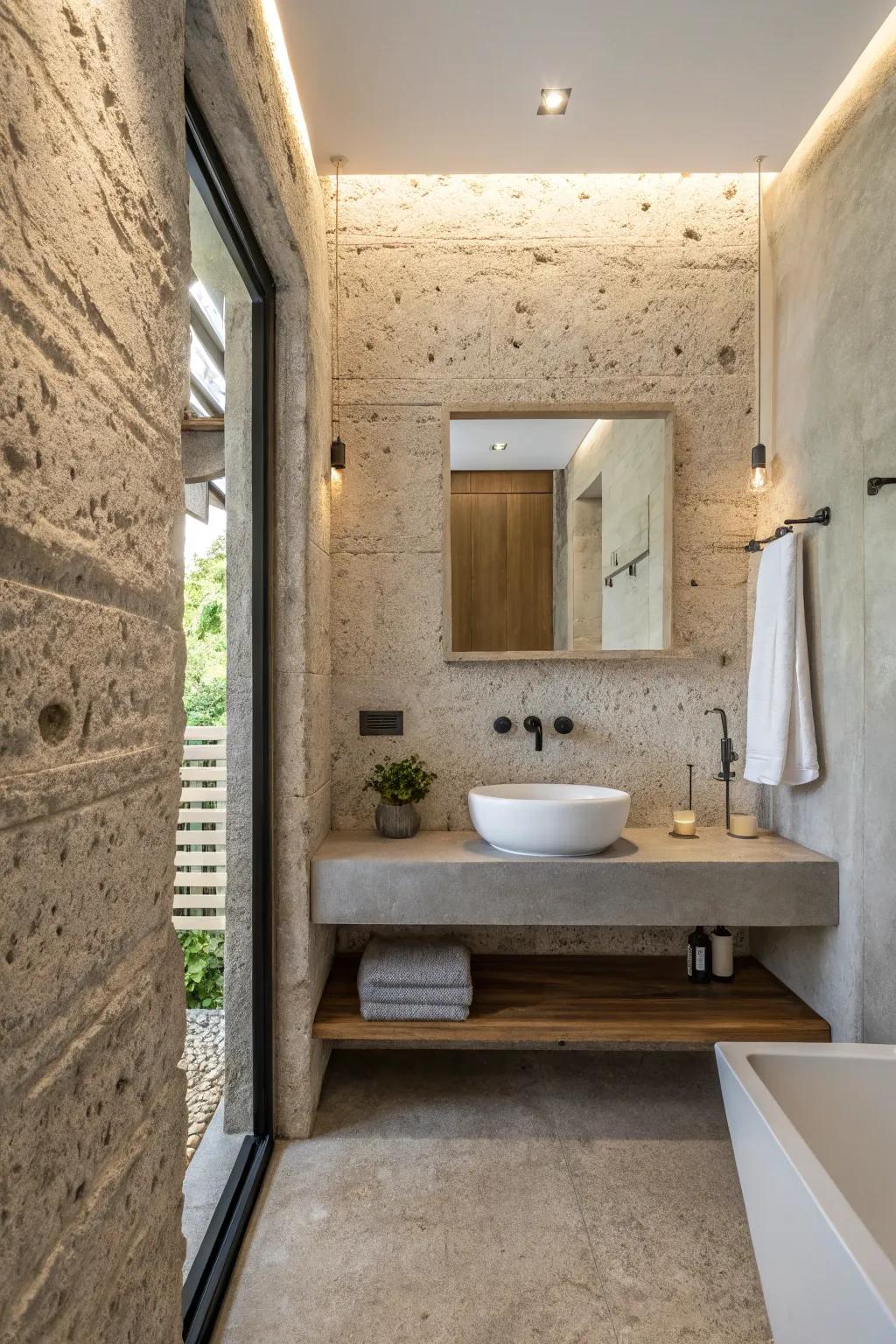 Rough concrete introduces a contemporary, industrial sharpness.