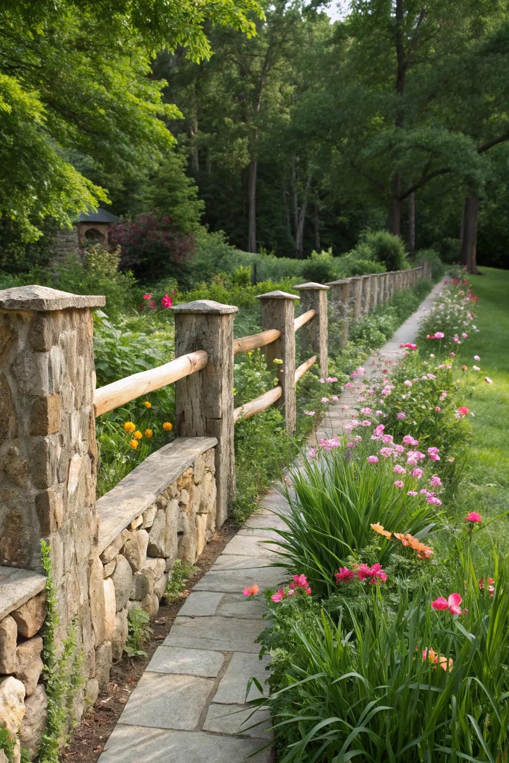 Stone and lumber perimeters blend strength with natural beauty.