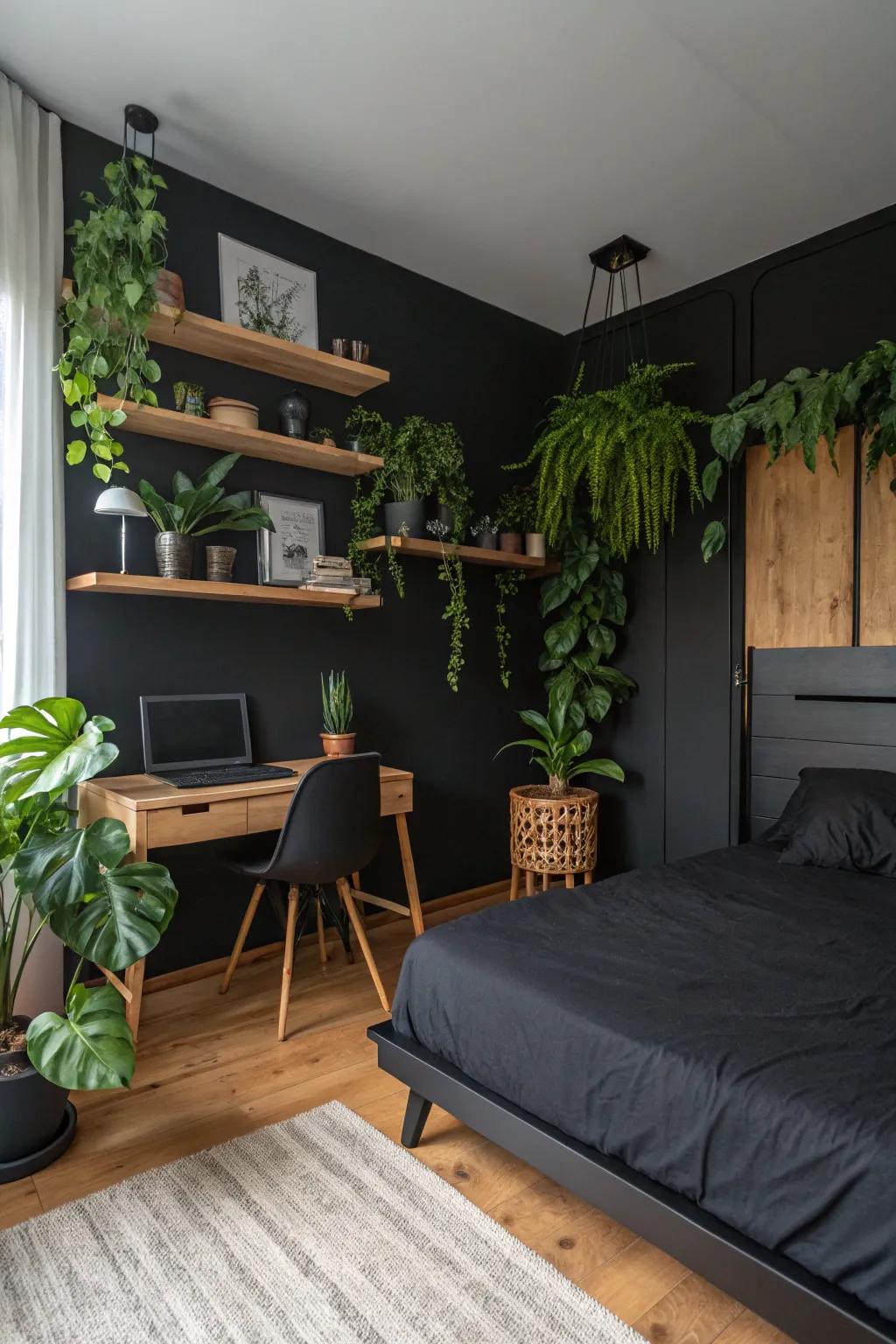 A dark-themed boudoir featuring verdant vegetation and wooden highlights intended for an organic impression.