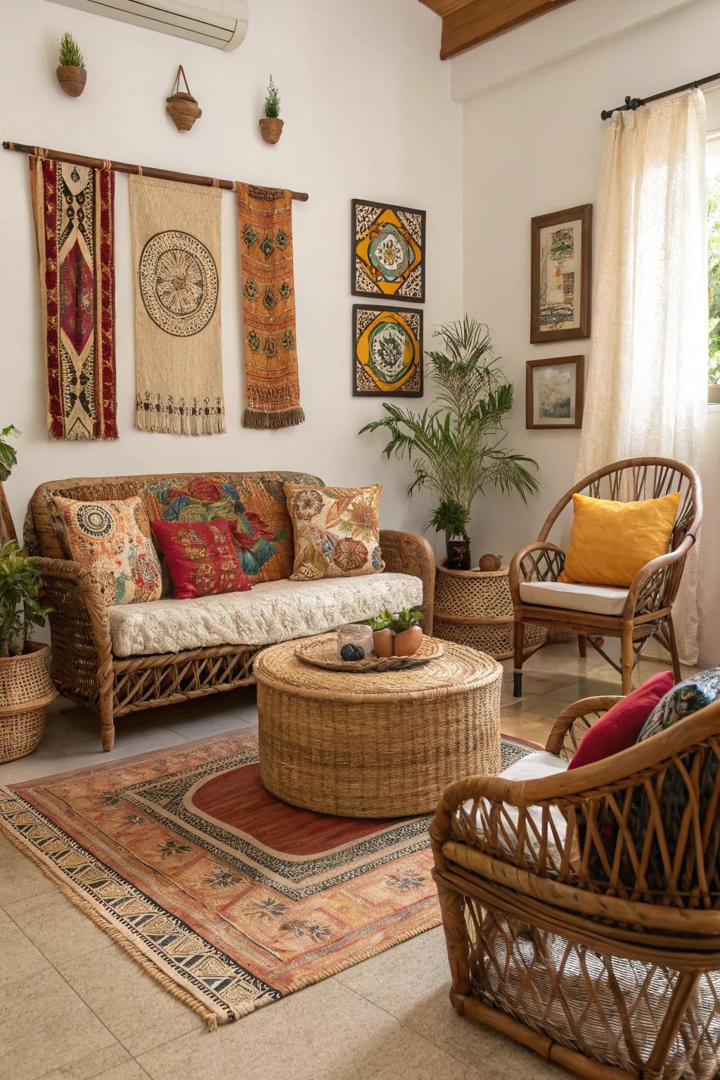 A bohemian-inspired living room with rattan and woven decor.