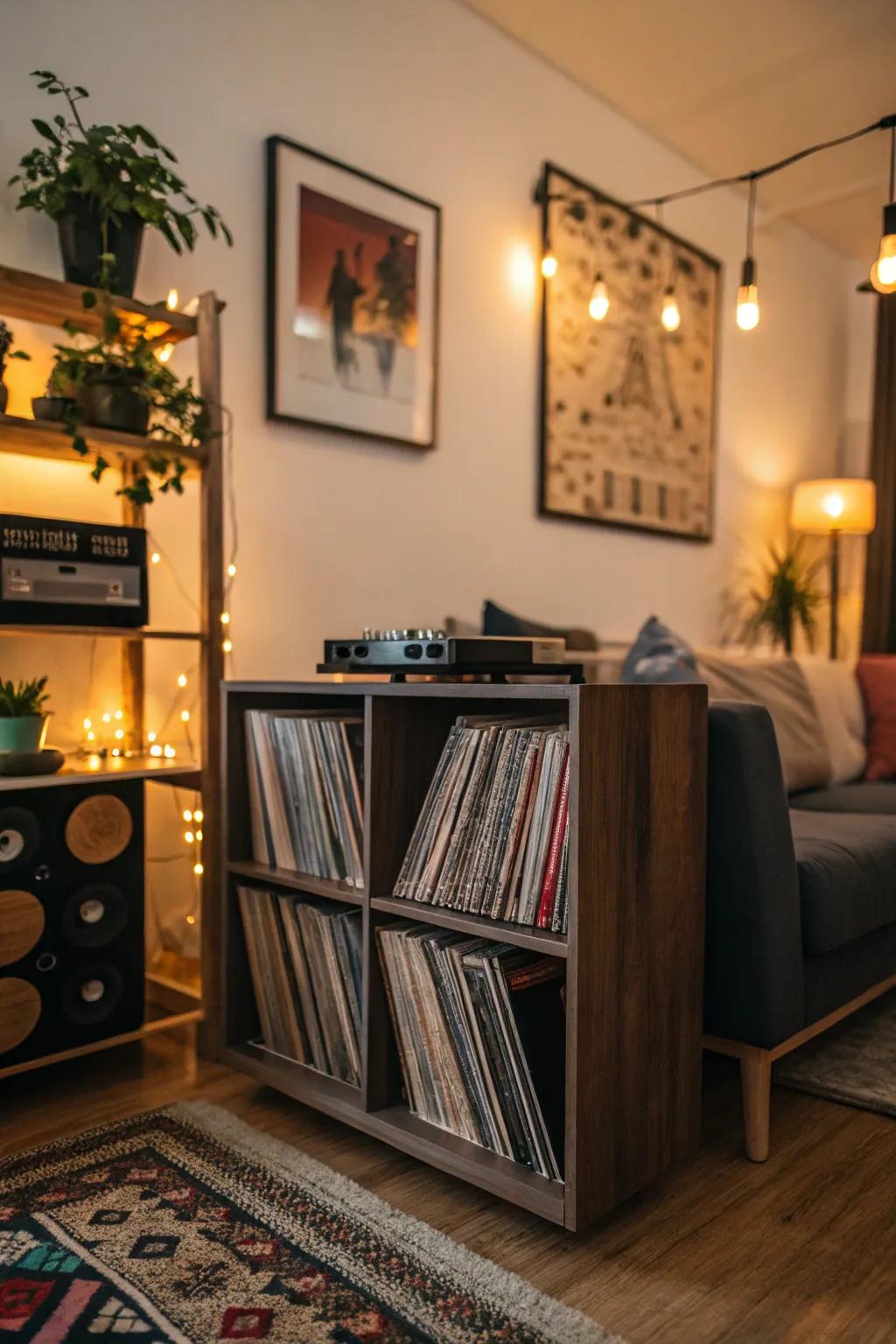 A bespoke vinyl record shelf tailored to personal taste and the room's design.