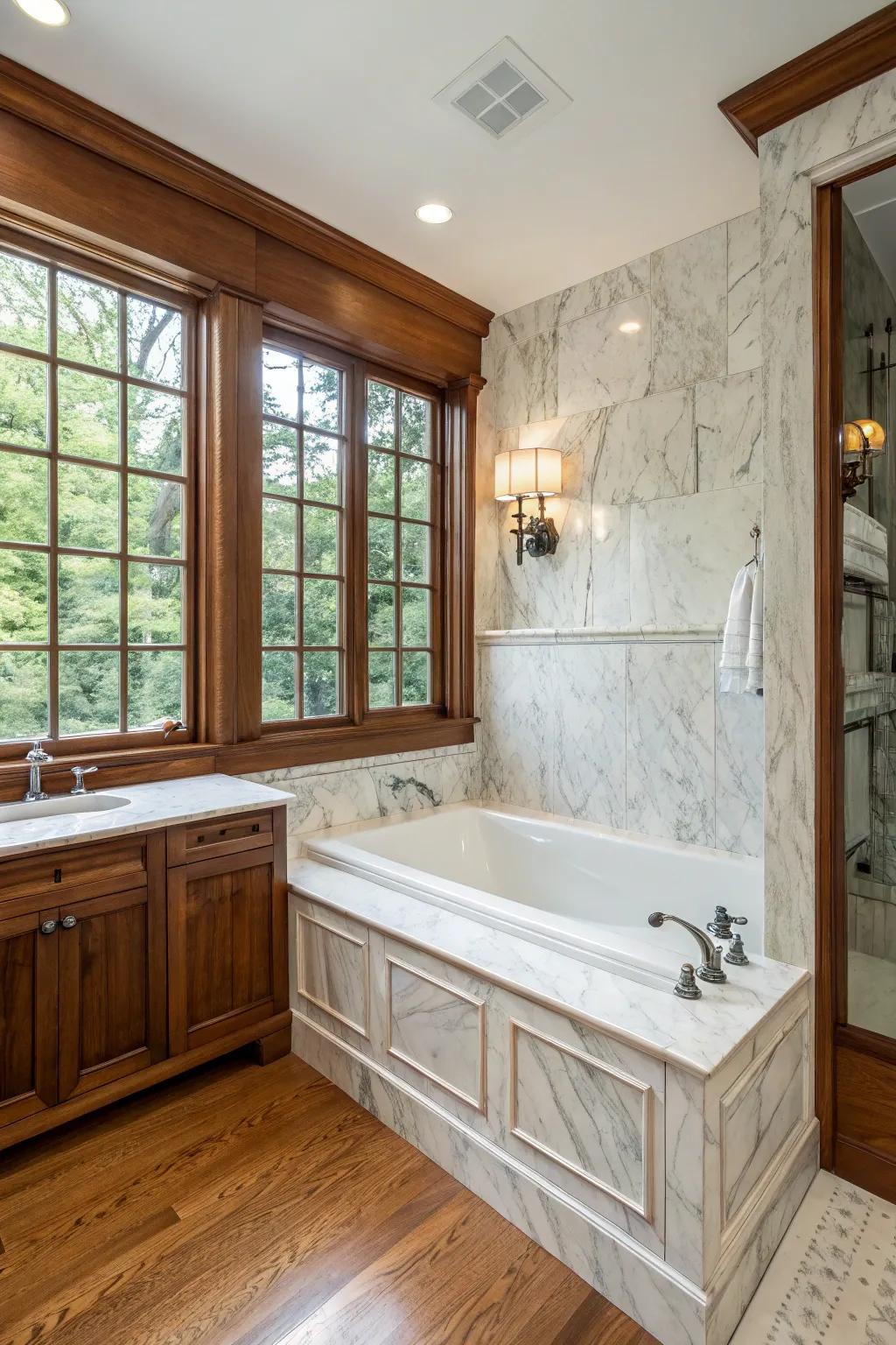 Attain a sophisticated look by combining granite and timber.