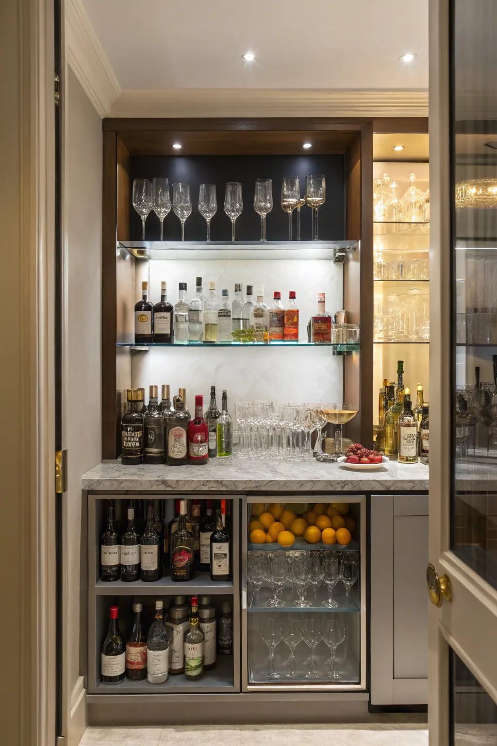A recess lends itself to a refined mini bar.