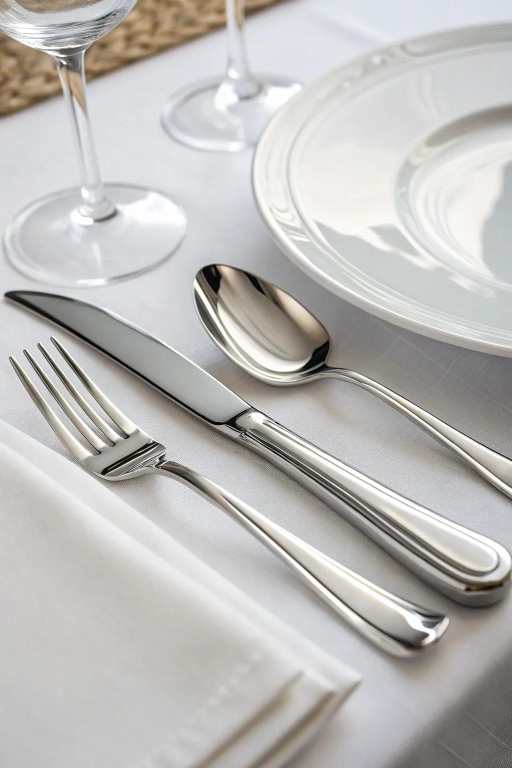 Understated silverware complements the monochromatic white dinner service beautifully.