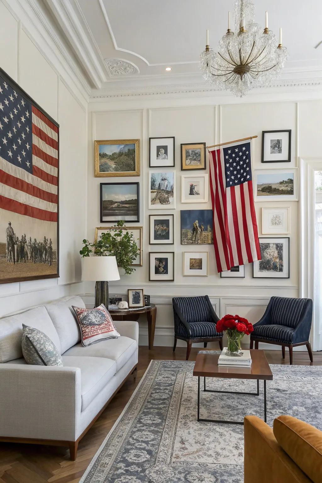 A collection wall alongside a flag enriches a living space through creative flair.