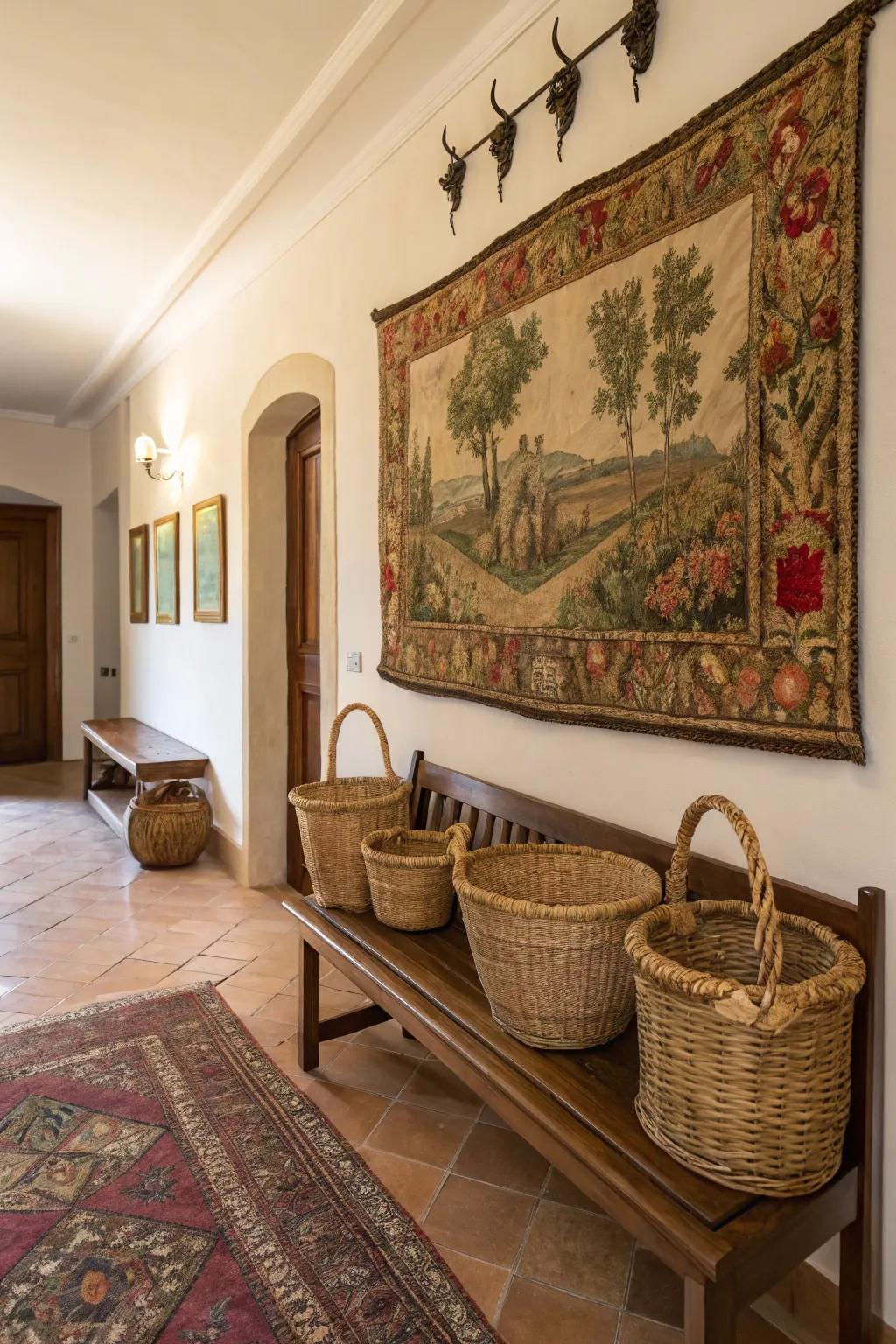 Textural diversity with tapestries and containers.