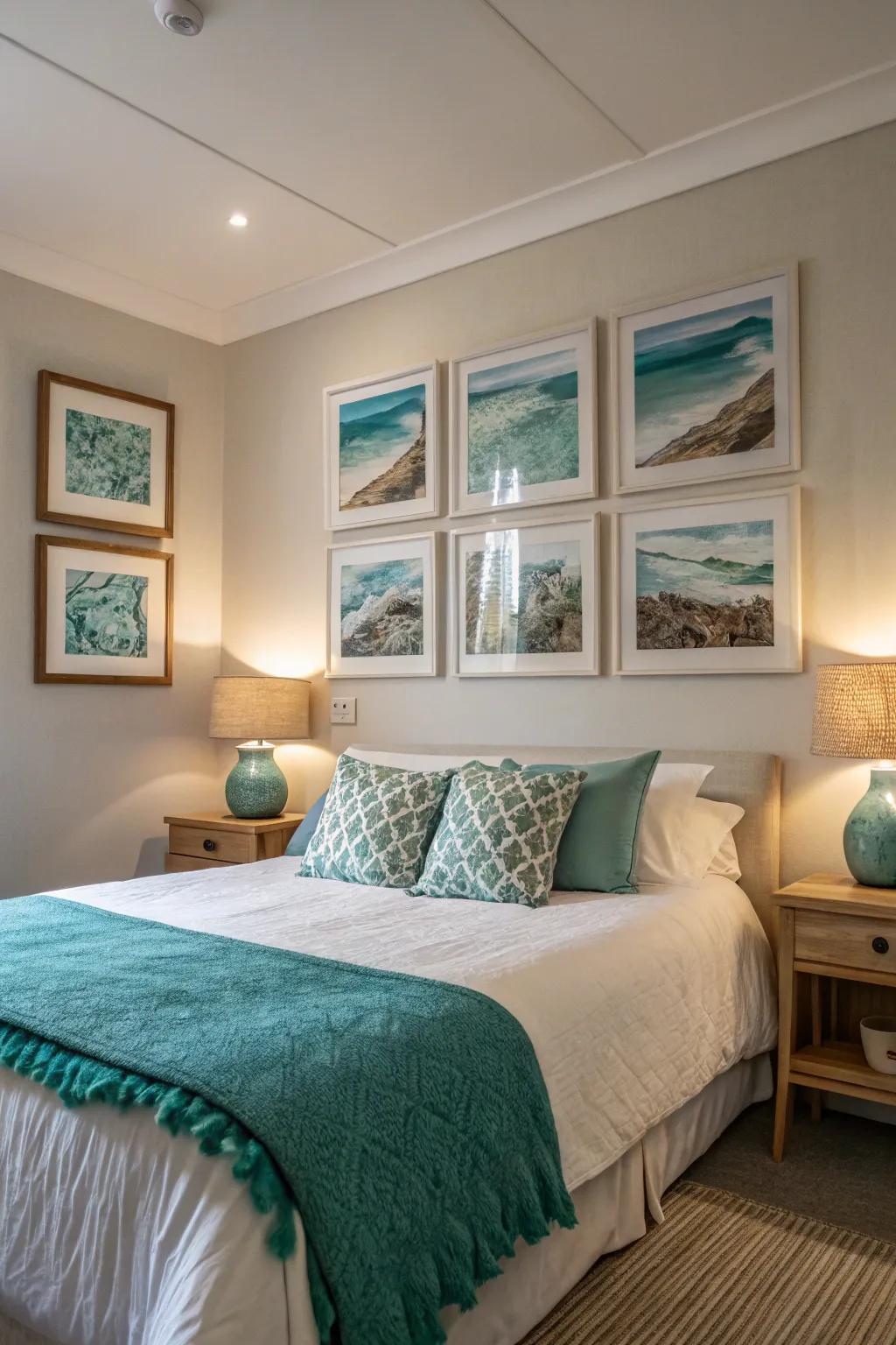 Art pieces enhance the sky theme in the bedroom.