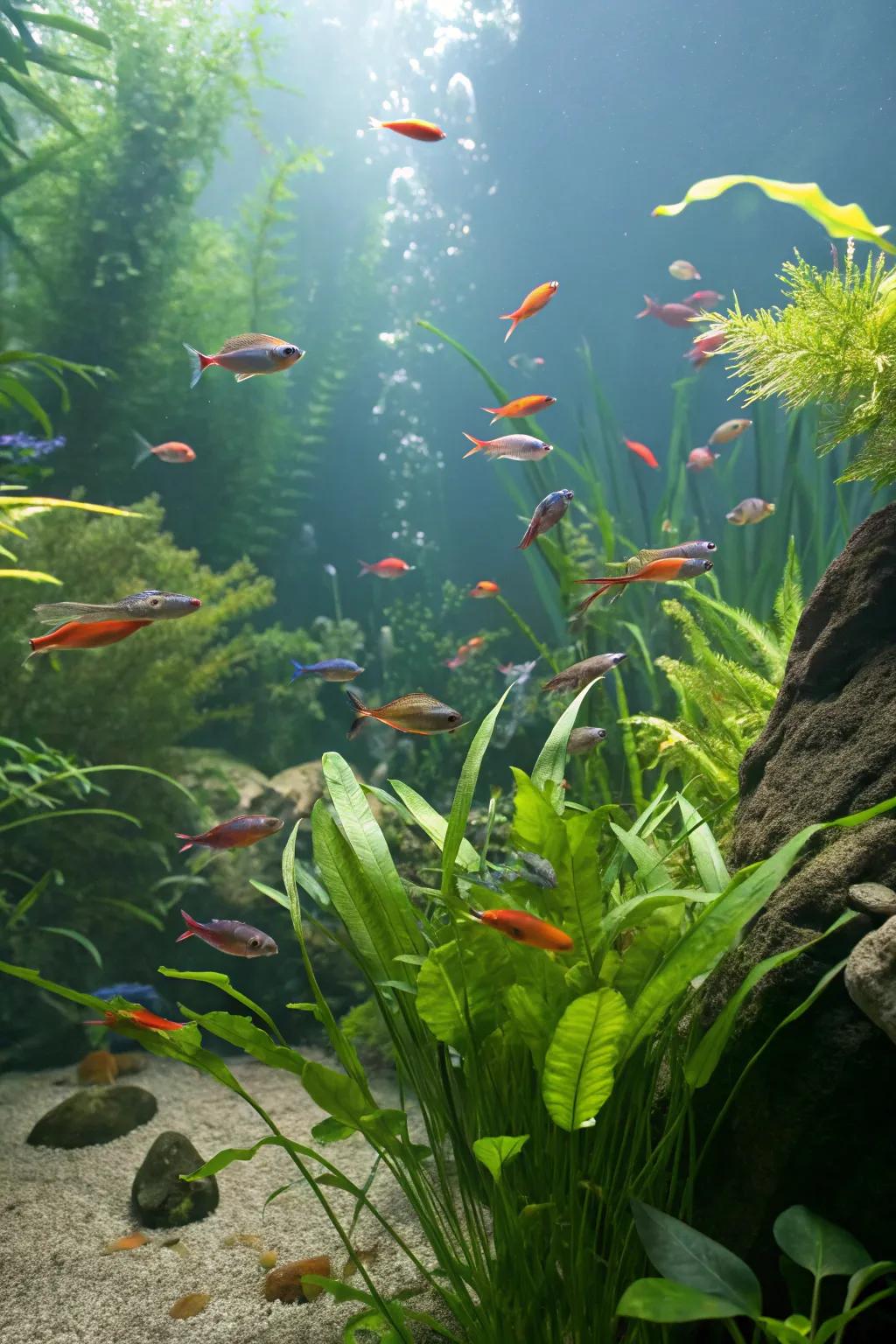 Chromatic fish inject dynamic elegance to the aquarium milieu.