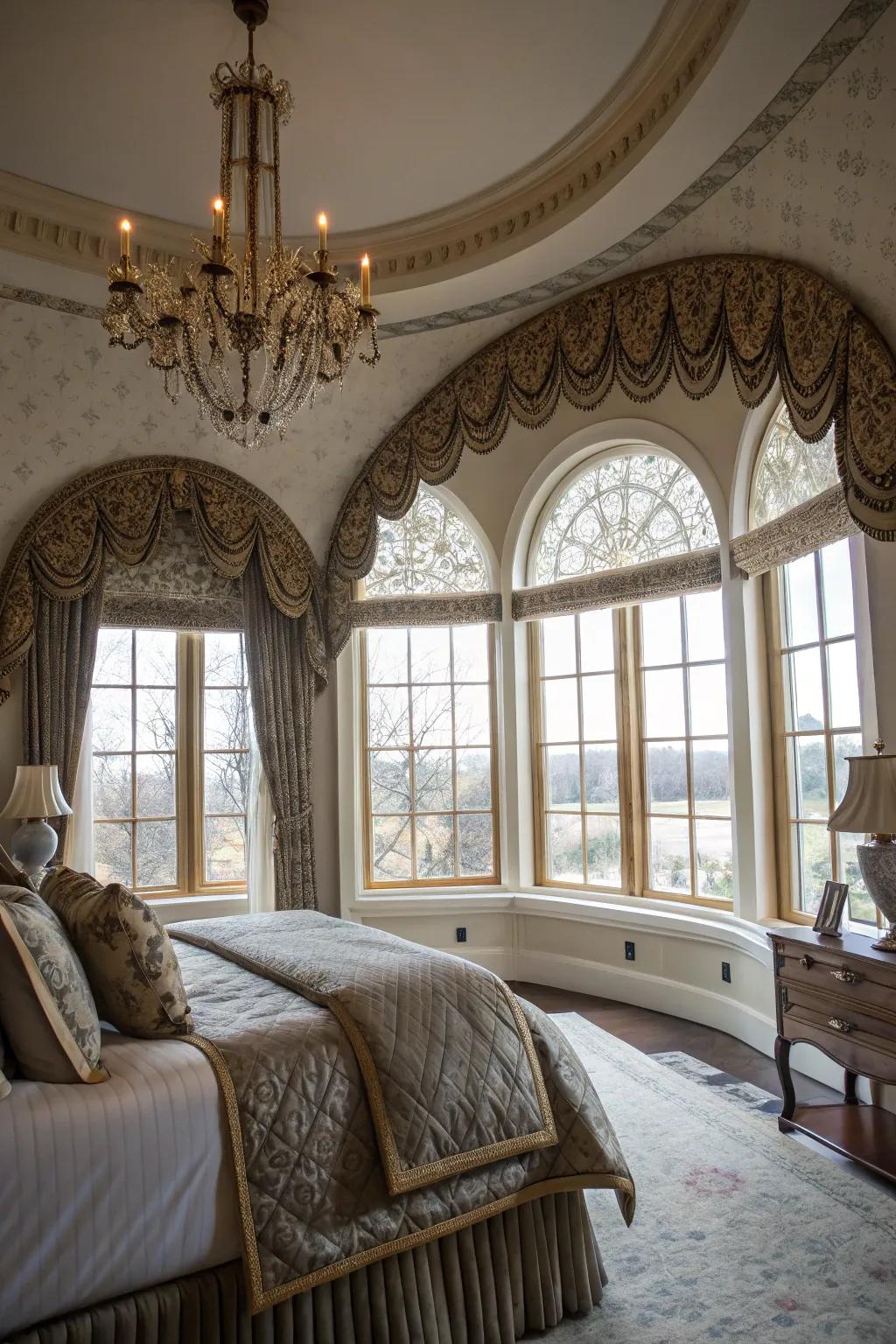 An elegant boudoir exhibits arch fascias on windows.