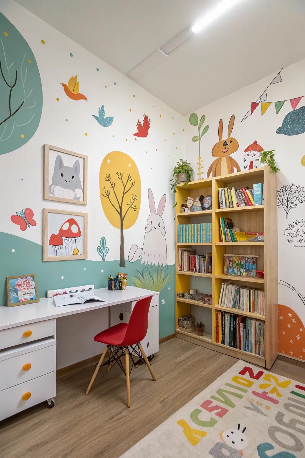 Quirky art brings joy and imagination to the study.