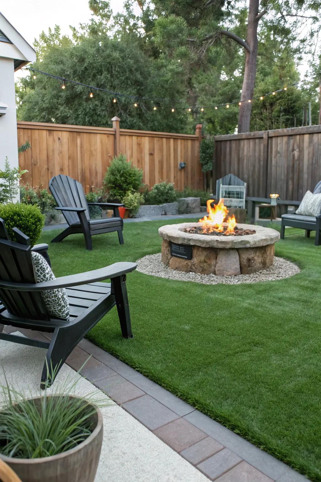 Gather around a comfortable fire pit with lush synthetic lawn underfoot.