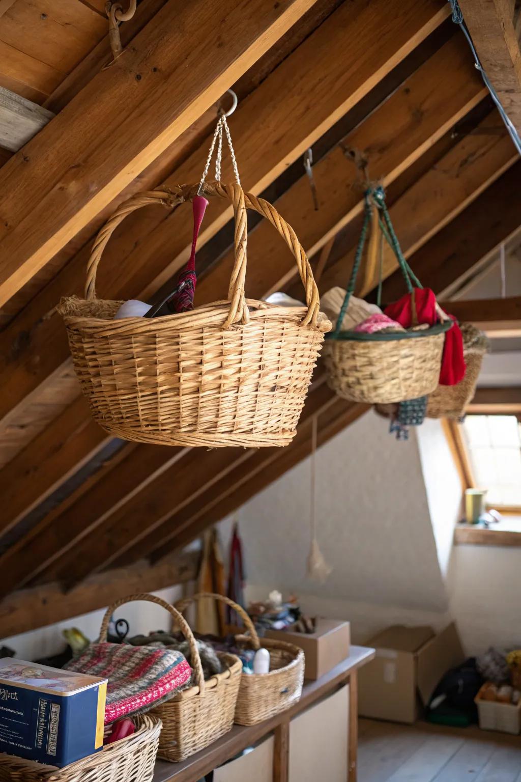 Make use of ceiling area using hanging containers for storing lightweight items.