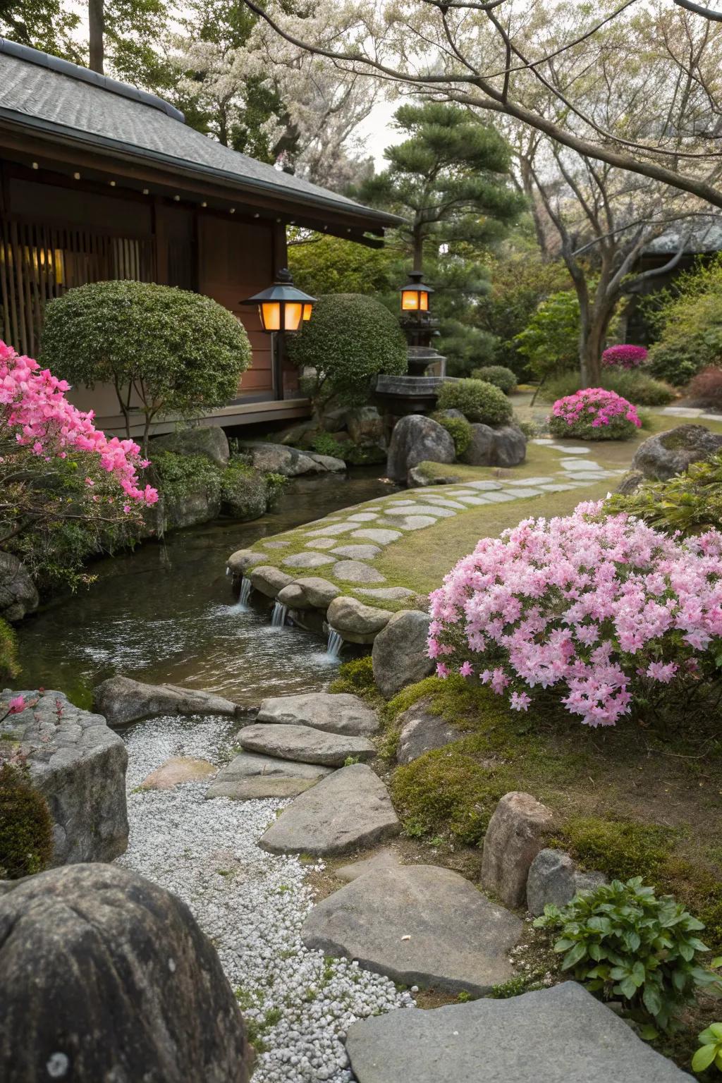 A placid Zen garden showcasing azaleas and calming attributes.