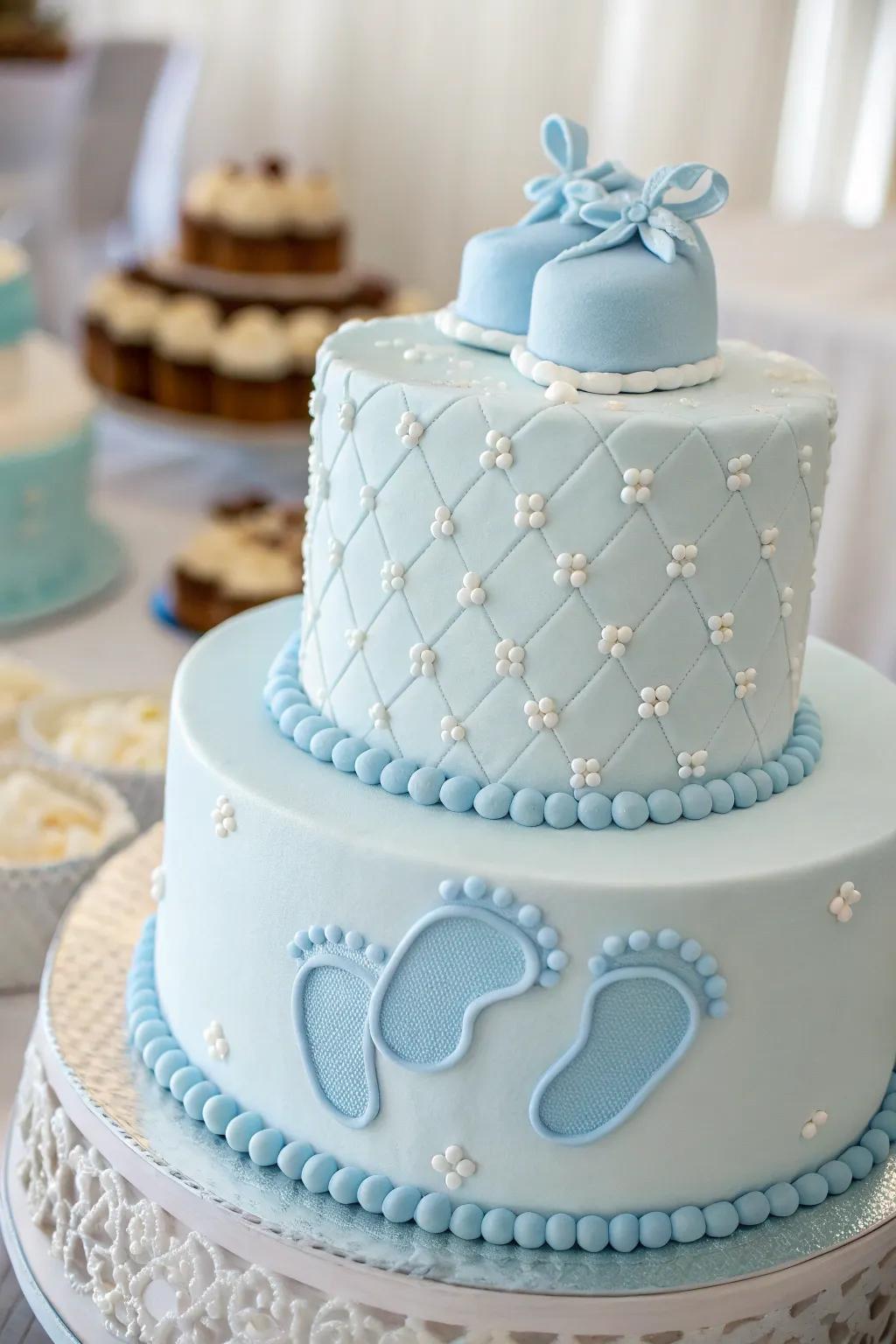 A sweet cake with tiny baby feet for a baby boy shower.