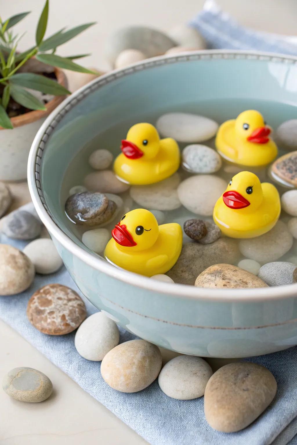 Floating rubber ducks present a joyous and playful centerpiece.