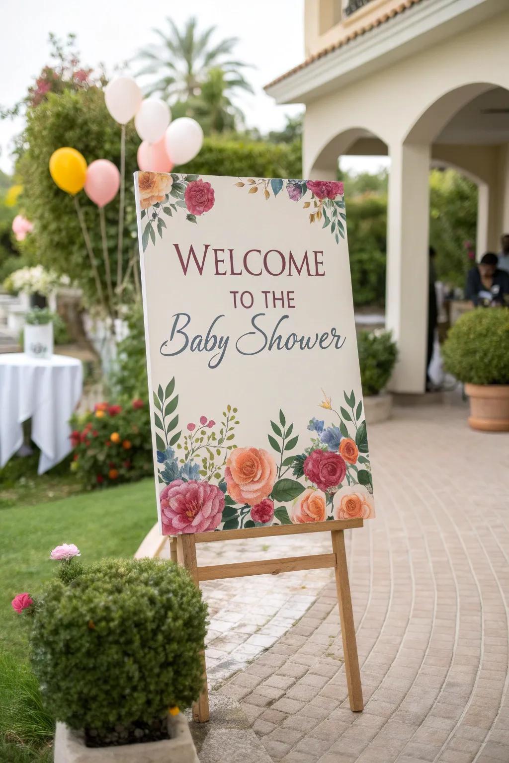 A bespoke greeting plaque featuring hand-painted botanicals warmly welcomes patrons.