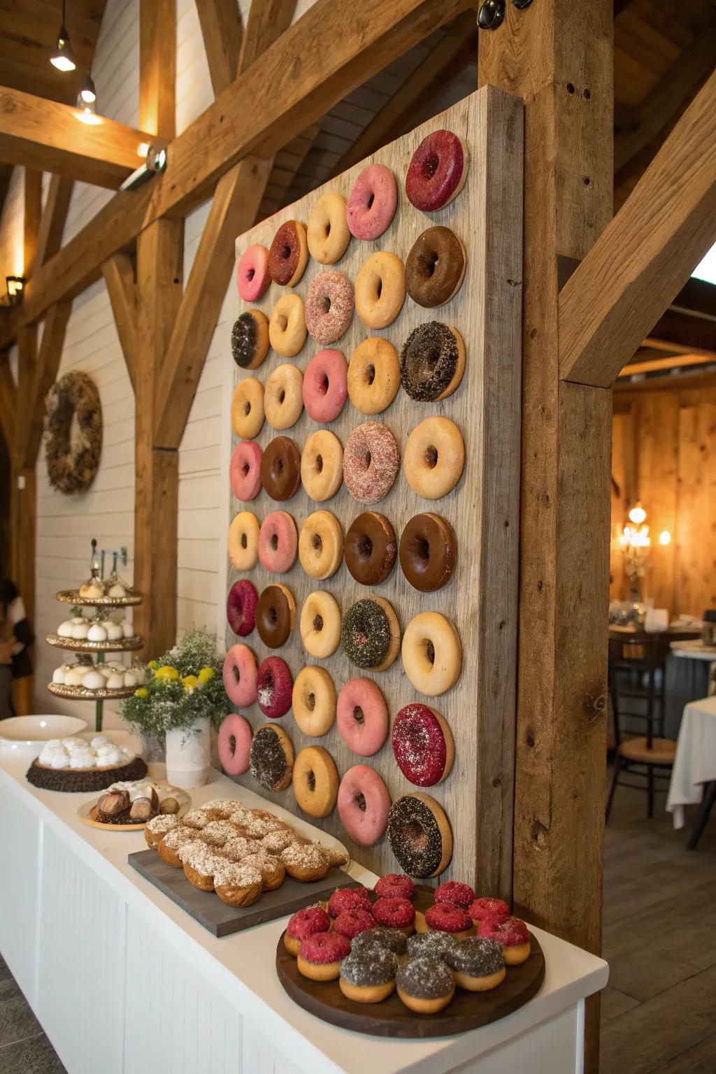A creative rustic-themed ringed delight stand.