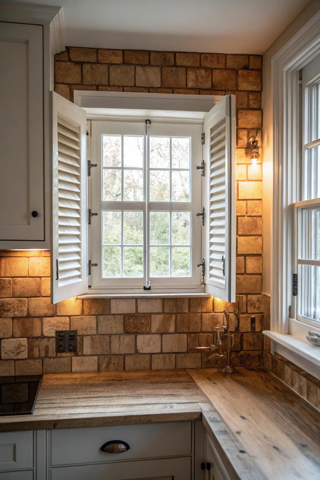 Wood panels adding rustic warmth around a kitchen window.