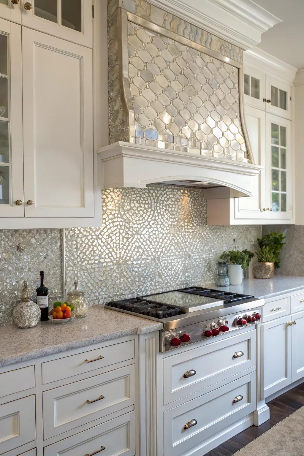 Glimmering miniatures lend an element of glamour to this white kitchen.
