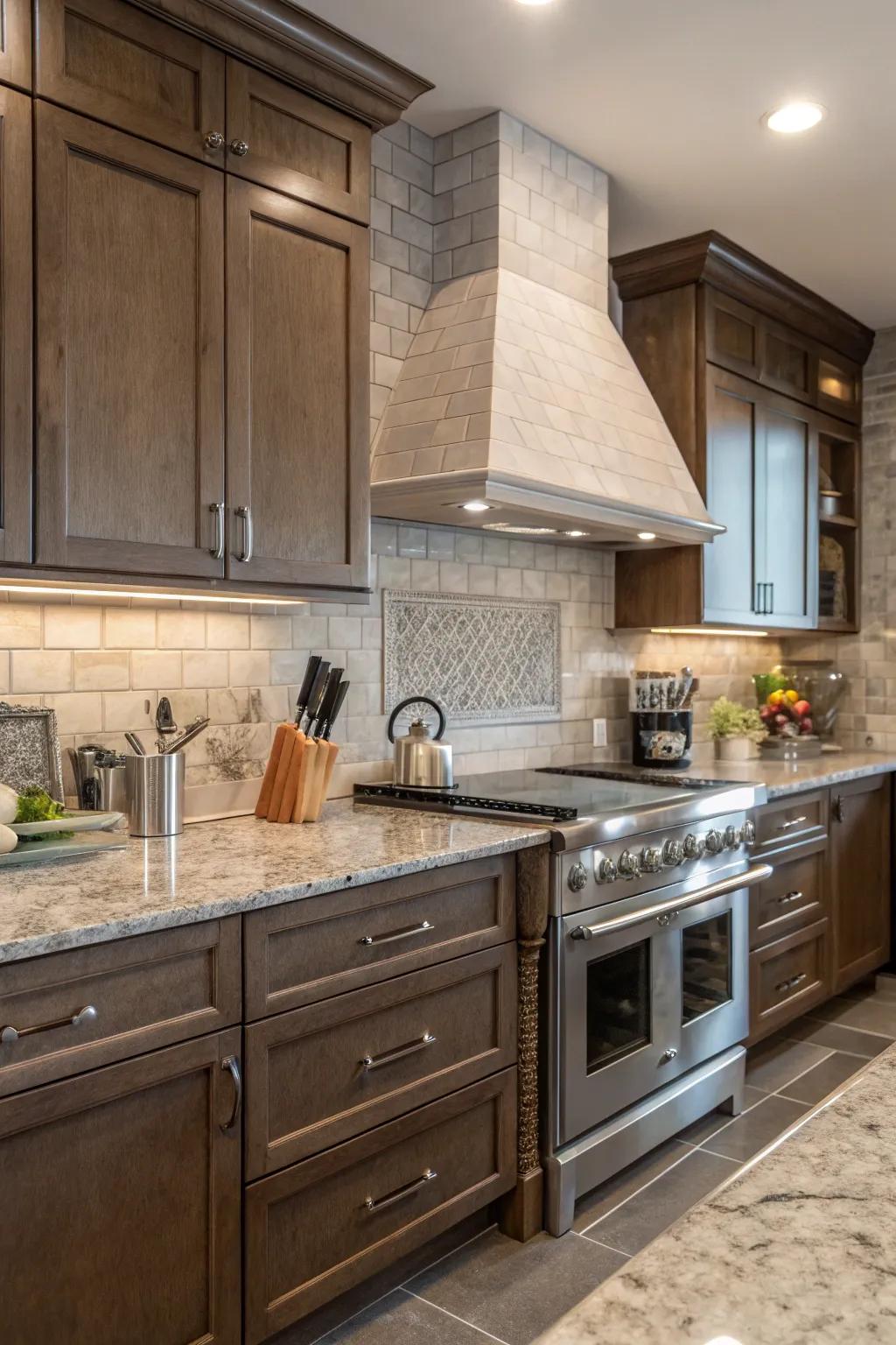 Gentle smoke bricks harmonize with the subtle tones of mystic earth stone.