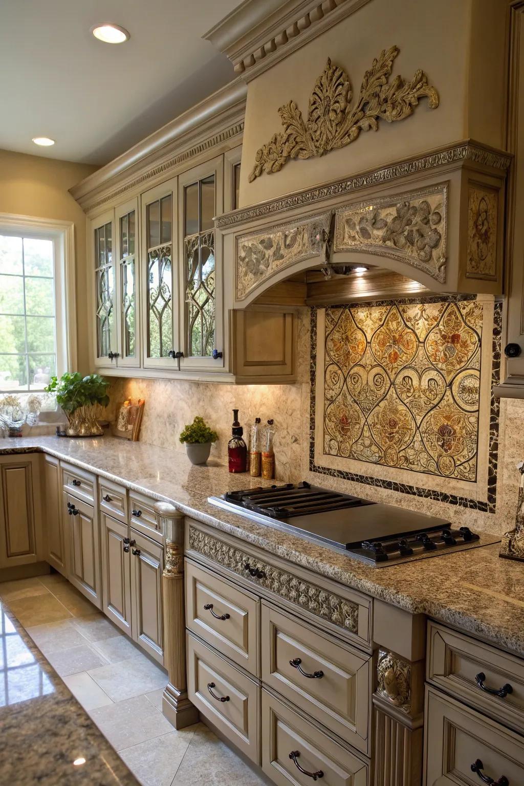 Stone countertops gain classic elegance from elaborate details.