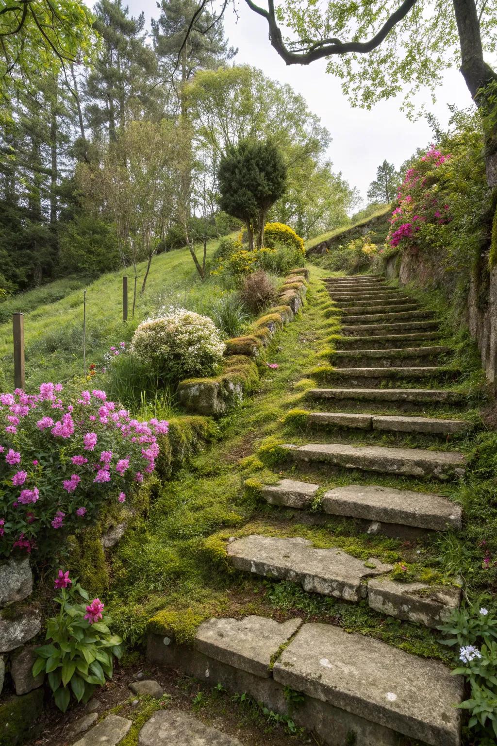 Stone steps are both practical and visually appealing on a slope.