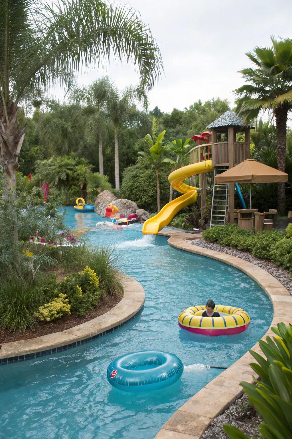 A playful meandering pool with a slide for endless fun.